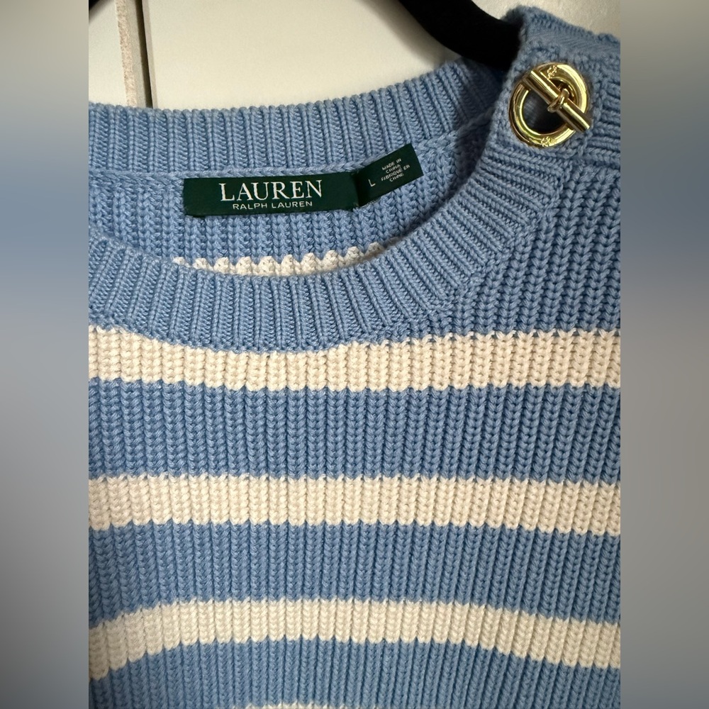 Ralph Lauren Blue and White Striped Knit Sweater, like new, size Large. - Picture 2 of 5